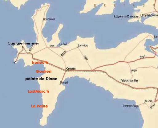 Carte des SPOTS en presqu'île de Crozon